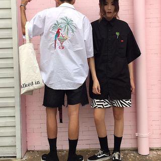 Elbow-sleeve Parrot Embroidered Shirt