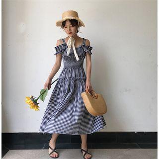 Short-sleeve Off-shoulder Gingham Dress
