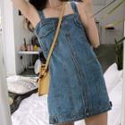 Sleeveless Buttoned Denim Mini Dress As Shown In Figure - One Size