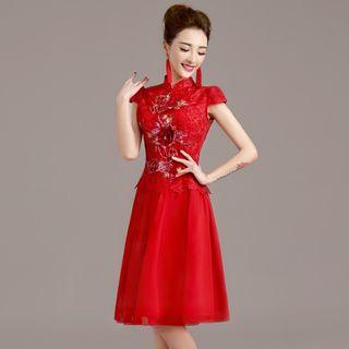 Embroidered Cap-sleeve Wedding Dress