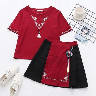 Set: Short-sleeve Tasseled Top + Skirt