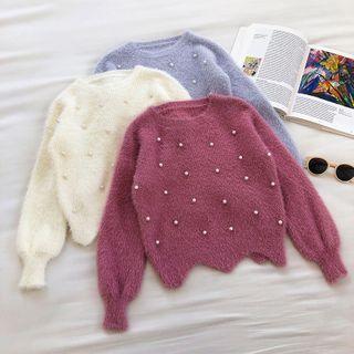 Faux Pearl Plain Crewneck Long-sleeve Sweater