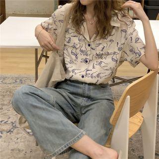 Short-sleeve Print Shirt Blue Printed - White - One Size
