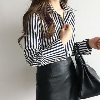Metallic-button Wide-cuff Stripe Shirt