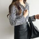 Metallic-button Wide-cuff Stripe Shirt