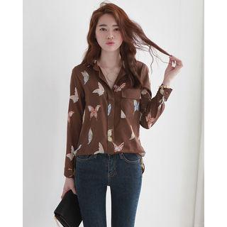 Long-sleeve Pocket-front Pattern Blouse