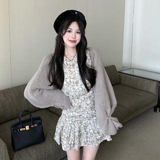 Long-sleeve Floral Print Mini A-line Dress / Knit Shrug