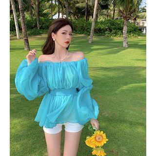 Puff-sleeve Off Shoulder Blouse Aqua Blue - One Size