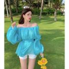 Puff-sleeve Off Shoulder Blouse Aqua Blue - One Size
