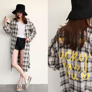 Lettering Plaid Long Robe Cardigan With Sash