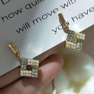 Rhinestone Faux Pearl Square Dangle Earring 1 Pair - 925 Silver - One Size