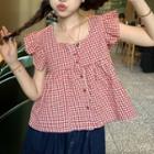 Cap-sleeve Plaid Blouse Red - One Size