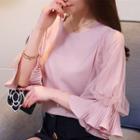 Pleated Trim Plain Elbow Sleeve Blouse