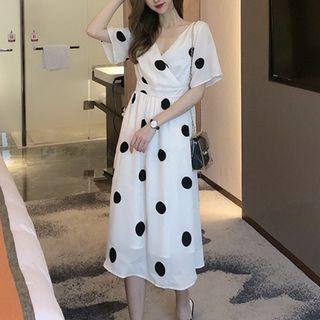 Short-sleeve Chiffon Dot Dress White - One Size