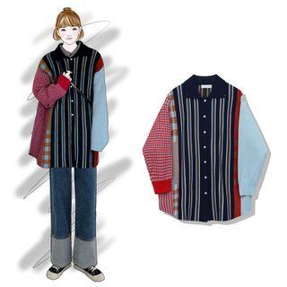 Stripe Panel Polo-neck Cardigan