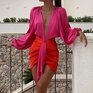 Set: V-neck Blouse + Mini Pencil Skirt