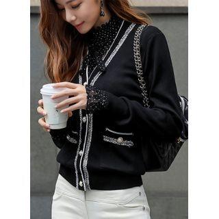 Fringe-trim Faux-pearl Cardigan