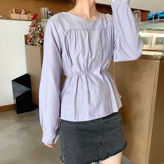 Smock Waist Long-sleeve V-neck Plain Top