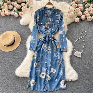V-neck Zip Print Slit Denim Dress