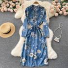 V-neck Zip Print Slit Denim Dress