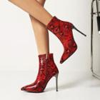 Pointed Snake Print High Heel Short Boots Red - One Size