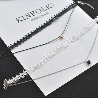 Rhinestone Pendant Layered Lace Choker / Bead Pendant Necklace