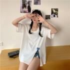 Elbow-sleeve Plain Side-slit T-shirt