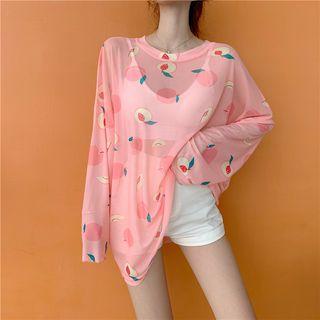 Long-sleeve Sheer Fruit Print Knit Top