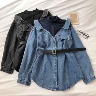 Mock Two-piece Mock-neck Long-sleeve Denim Top With Belt