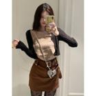 Plain Slim-fit Light Cardigan / Check Camisole Top / High-waist Plain Skirt
