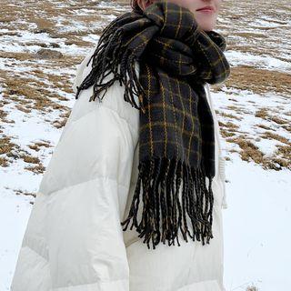 Plaid Fringed Scarf Plaid - Gray - One Size