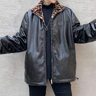 Reversible Leopard Print Lined Faux Leather Zip Jacket