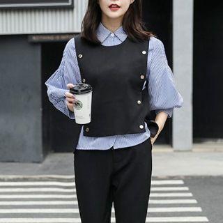 Set Of 3: Striped Blouse + Buttoned Vest + Slim-fit Pants