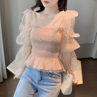Long-sleeve Shirred Chiffon Peplum Top