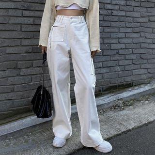 Plain Low Waist Zip-up Straight Leg Pants