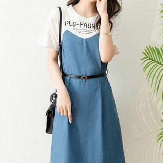 Short-sleeve Lettering Midi T-shirt Dress With Belt