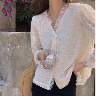 V-neck Lace Trim Blouse White Flower - White - One Size