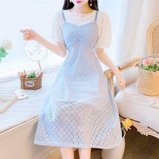 Set: Short-sleeve Top + Spaghetti Strap Midi A-line Lace Dress