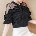 Mesh Panel Dotted Elbow-sleeve Blouse