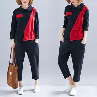 Set: Long-sleeve Two-tone Top + Pants