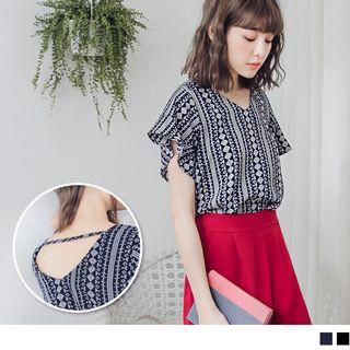 Flutter Sleeve Cutout Back V-neck Pattern Top
