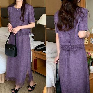 Set: Short-sleeve Tassel Trim Button-up Top + Midi A-line Skirt