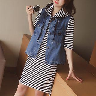 Set: Elbow-sleeve Striped Hooded T-shirt Dress + Denim Vest