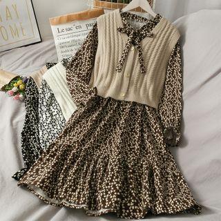 Floral Bow A-line Dress / Plain Striped Vest