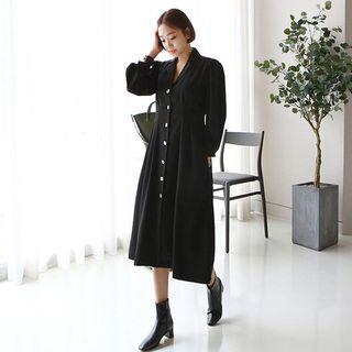Puff-shoulder Pleated-waist Long Shirtdress