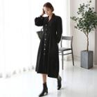 Puff-shoulder Pleated-waist Long Shirtdress