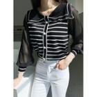 Chiffon-sleeve Sailor-collar Stripe Knit Top