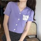 Short-sleeve V-neck Lettering Knit Crop Top