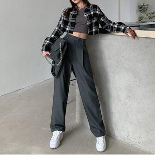 Plaid Crop Shirt / Wide-leg Dress Pants / Long-sleeve T-shirt
