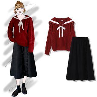 Bow Accent Collared Sweater / Ruffle Midi A-line Skirt